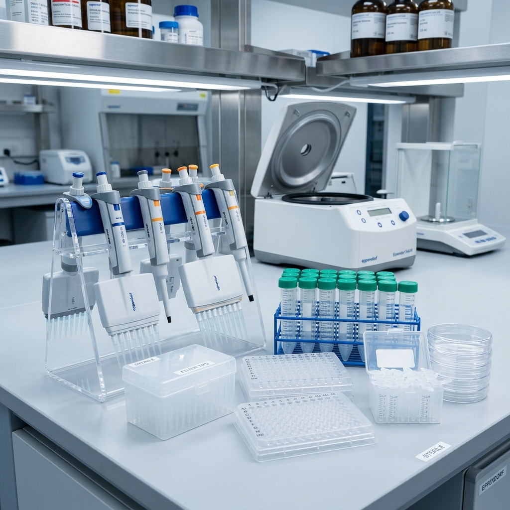 Sterile Research Laboratory Plasticware Pipette Tips and Centrifuge Tubes